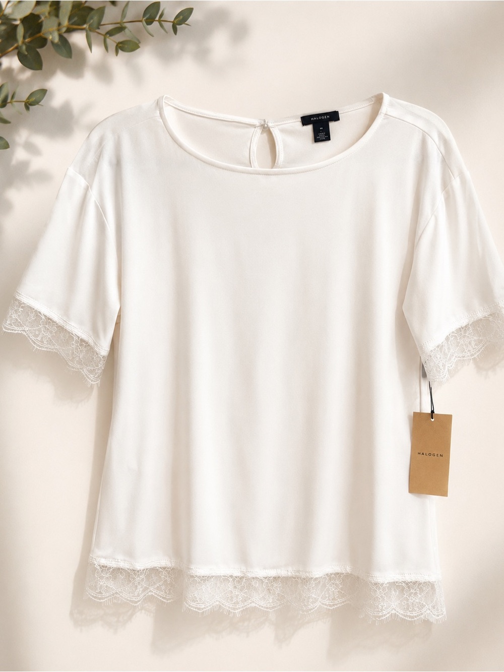NWT Halogen Ivory Cloud Eyelash Lace Blouse Medium Short Sleeve Keyhole Back